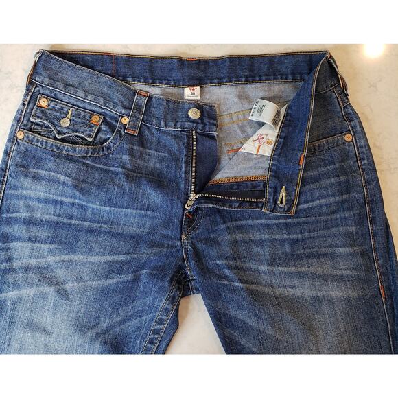 True Religion Men's Size 38 Flap Straight Jeans Medium Wash Blue - Picture 2 of 14